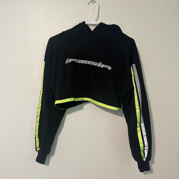 I.am.Gia Mercury Striped Cropped Hoodie Black Neon Reflective Oversized sz S - Picture 4 of 5
